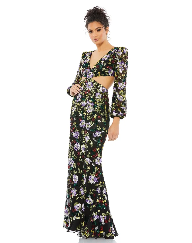 ladies-floral-dress-custom-carnation-Floral Embellished Long Sleeve Cut Out Gown