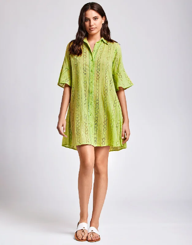 Women's shirt dress retro chic -Romina 3/4 Sleeve Shirt Dress - Lime