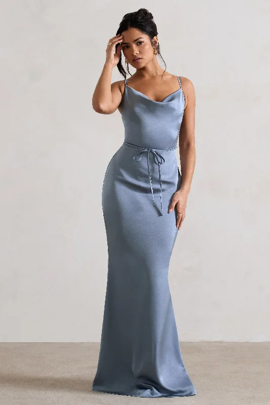 ladies-maxi-dress-sand-sway-Lifetime | Slate Blue Satin Cowl Neck Maxi Dress With Cross Back Detail