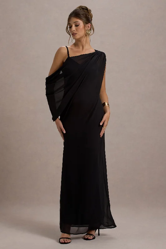 ladies-maxi-dress-ankle-sweep-Aeliana | Black Strappy V-Neck Maxi Dress With Chiffon Sash