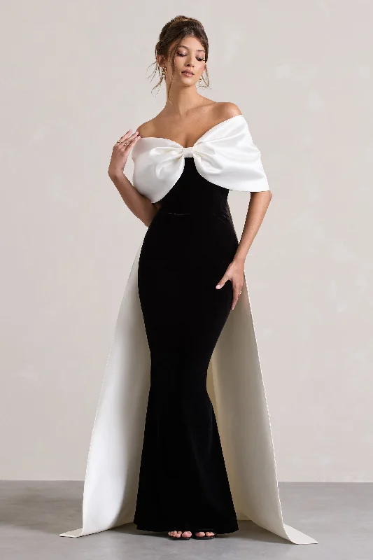 ladies-maxi-dress-slim-sway-Wanting More | Black & White Satin Cape Maxi Dress With Oversized Bow