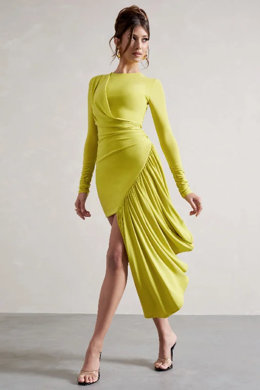 Women's mini dress calm pop -Tate | Lime Green Long-Sleeve Wrap Mini Dress With Drape