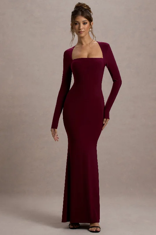 ladies-maxi-dress-silver-sweep-Maja | Burgundy Square-Neck Long-Sleeve Maxi Dress