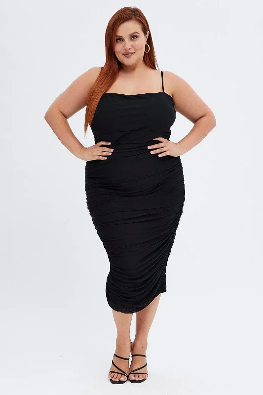 ladies-bodycon-dress-holiday-hug-Black Bodycon Dress Sleeveless Midi Mesh