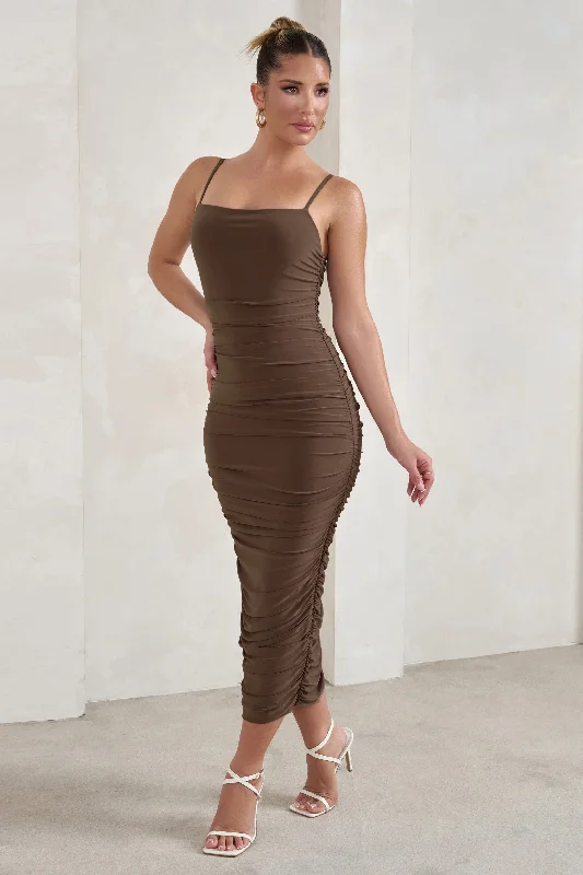 ladies-midi-dress-saffron-sweep-Saffy | Brown Cami Mesh Ruched Midi Dress