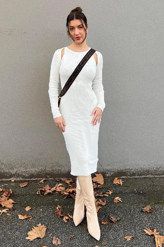 ladies-bodycon-dress-festival-fitted-White Midi Dress Long Sleeve Keyhole Bodycon Rib Knit