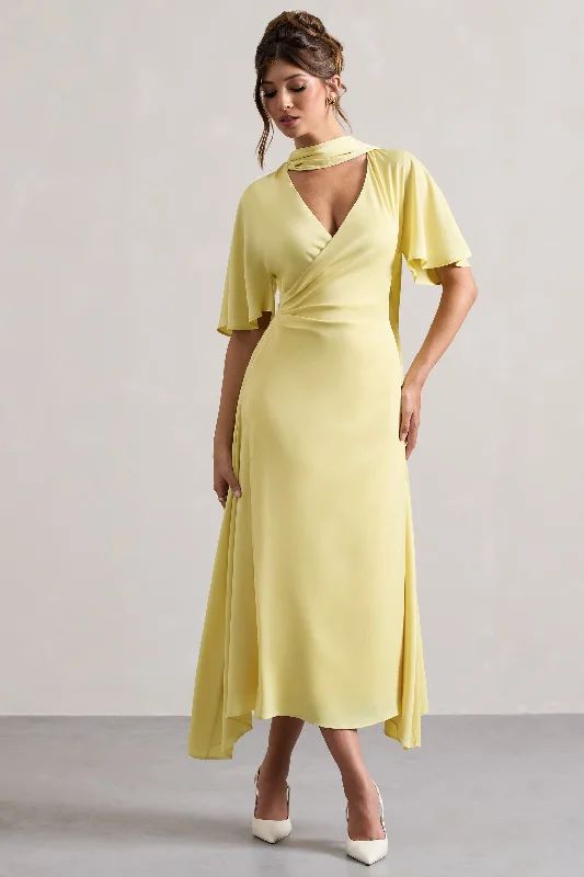 ladies-maxi-dress-plunge-poem-Lisette | Lemon Asymmetric Flutter-Sleeve Maxi Dress