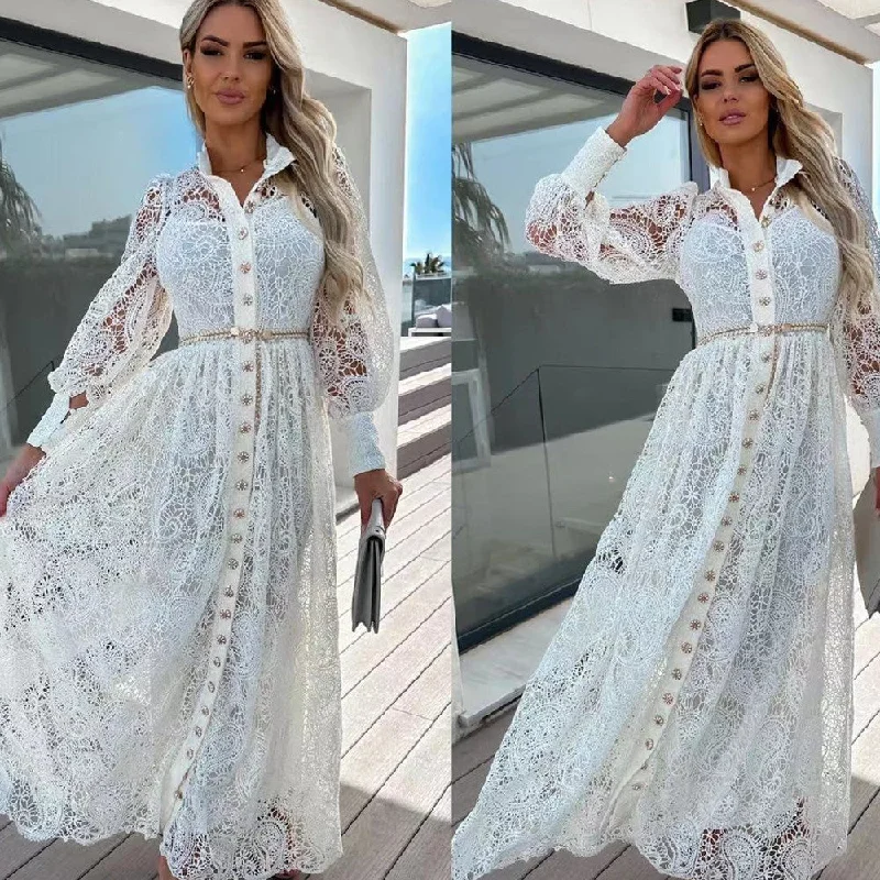 Women's shirt dress soil flair -Lace Hollow All-matching Casual Lace Up Commuter Ins Style Long Shirt Dress