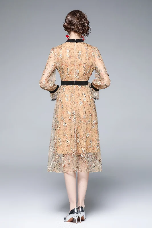 ladies-midi-dress-retro-reverie-Pale orange Evening Lace Ruffled A-line Crewneck Long Sleeve Midi Dress