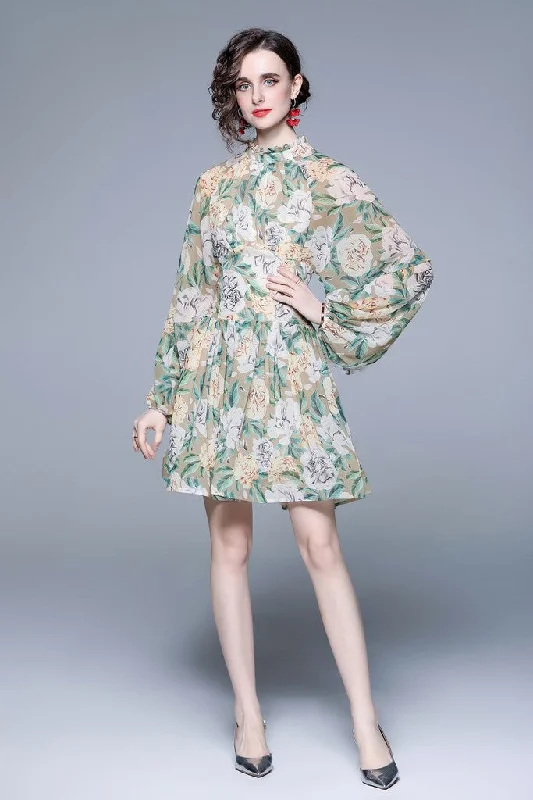 ladies-floral-dress-travel-thyme-Pale green & Floral print Day A-line Long Sleeve Jewel Above Knee Dress