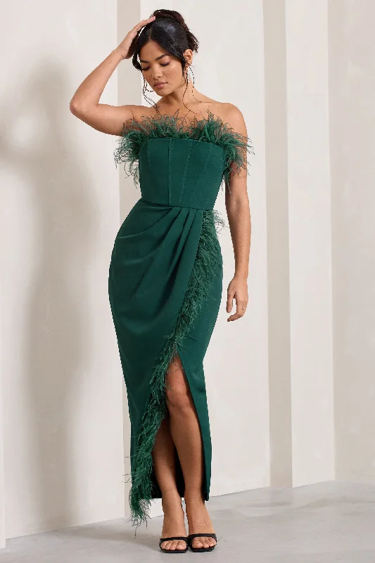 ladies-maxi-dress-cold-shoulder-chic-Cosmo | Bottle Green Bandeau Feather Corset Split Maxi Dress