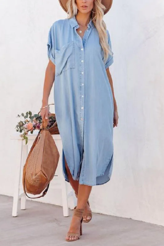 Women's shirt dress lace chic -Fashion Solid Color Denim Short Sleeve Long Slit Shirt Dress