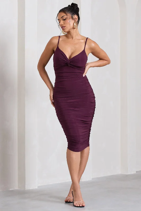 ladies-midi-dress-polka-prance-Desired | Plum Ruched Strappy Midi Dress