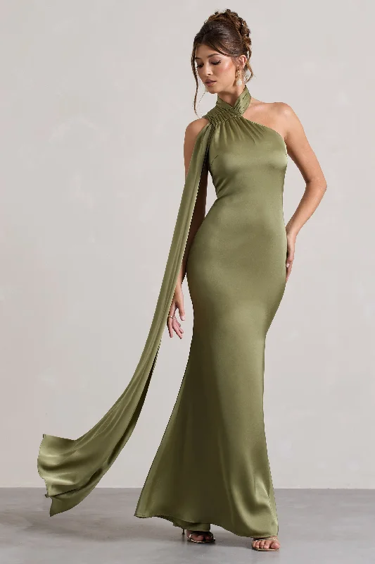 ladies-maxi-dress-metallic-muse-Sancia | Olive Satin Asymmetric Maxi Dress With Sash