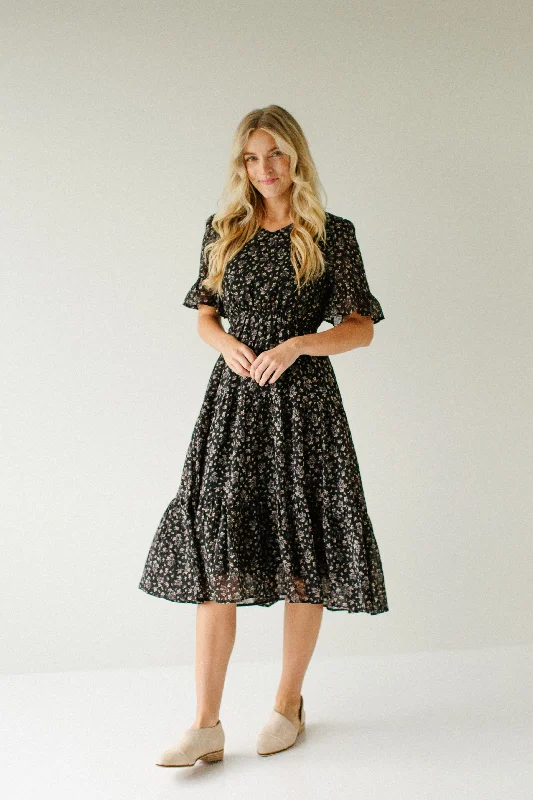 ladies-midi-dress-high-neck-harmony-'Mary' Ditsy Floral Textured Midi Dress in Black