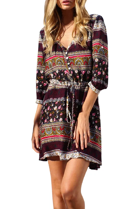 Women's mini dress spin flair -Iyasson Ladies V Neck Floral Mini Beach Dress