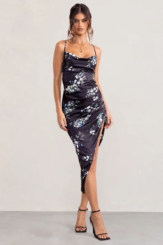 ladies-midi-dress-cowl-cool-Risk It All | Black Floral Print Cowl Neck Satin Asymmetric Hem Midi Dress