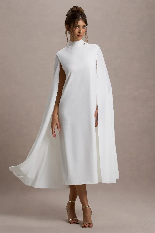 ladies-midi-dress-gold-glow-Carnation | White Long-Sleeve Midi Dress With Cape