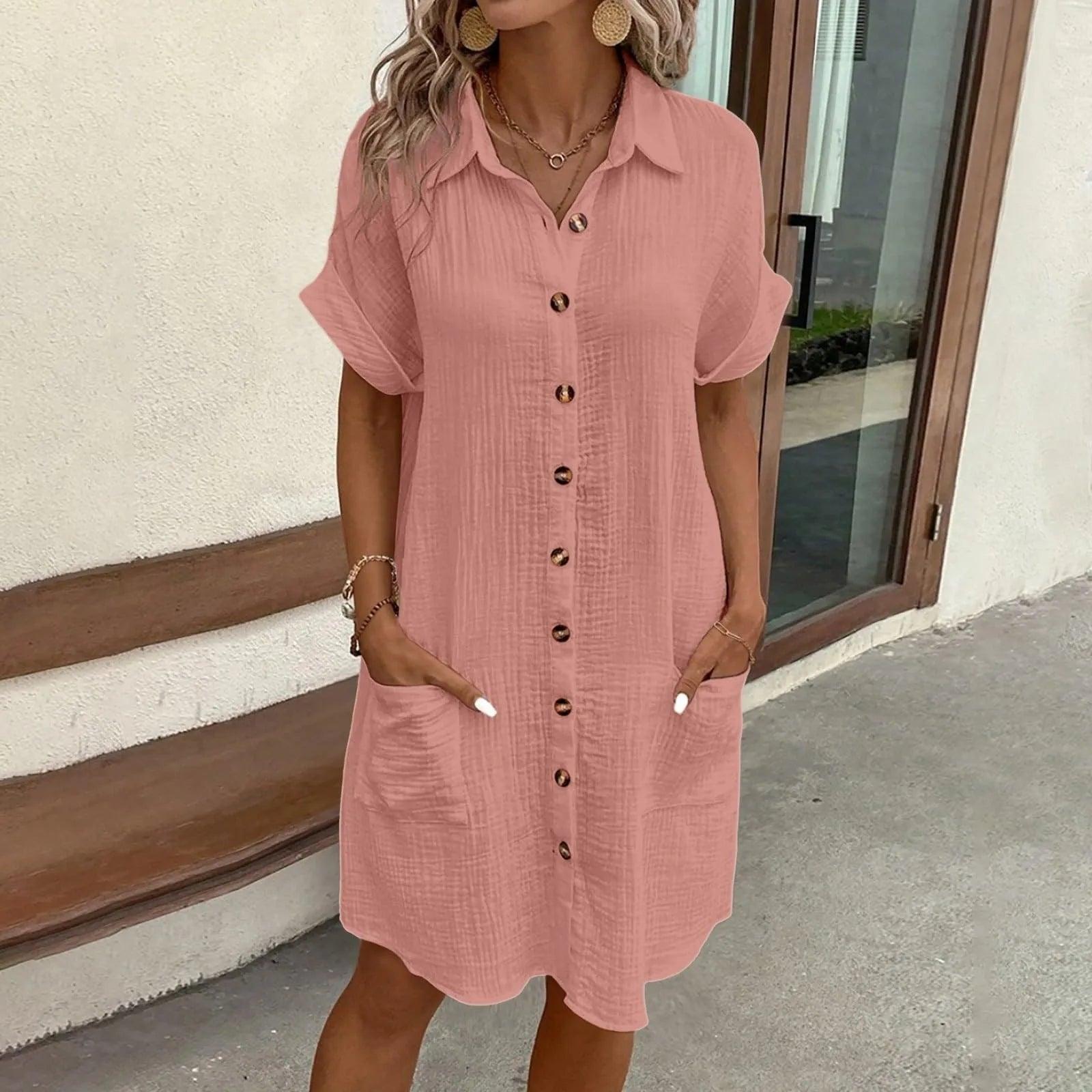 Women's shirt dress vast flair -Women Casual Blouse Dress Single Breasted Simple V Neck Button Linen Dress With Pocket Loose Large Size Shirt Dress