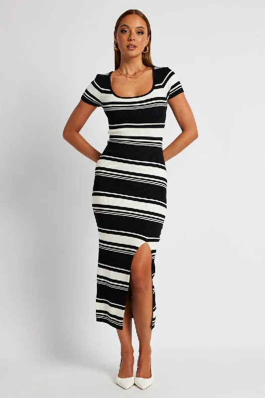 ladies-bodycon-dress-long-sleeve-lure-Black Stripe Knit Dress Short Sleeve Bodycon Midi