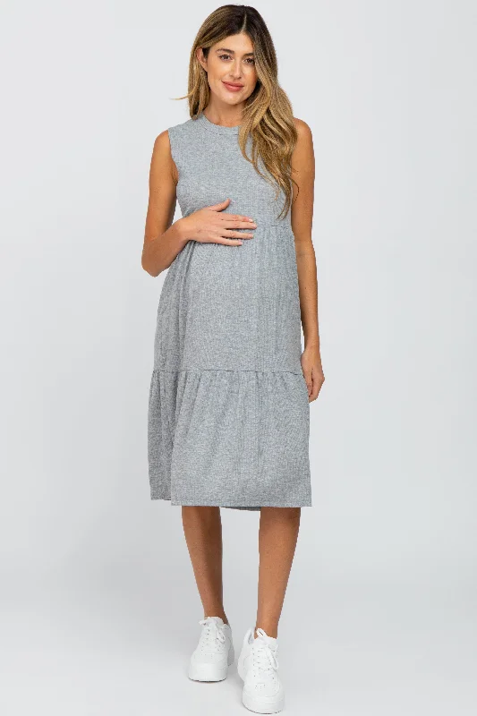 ladies-midi-dress-cinnamon-calm-Heather Grey Ribbed Sleeveless Maternity Midi Dress