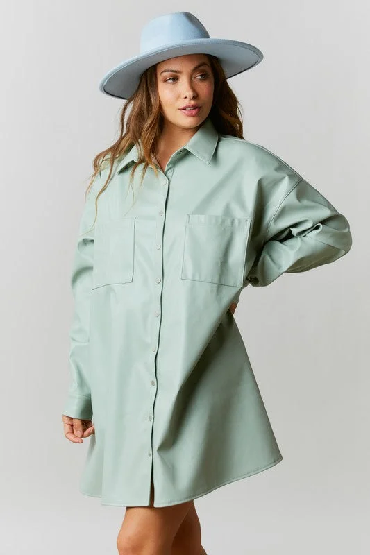 Women's shirt dress field chic -Call Me Tempted Faux Leather Shirt Dress (Pistachio)