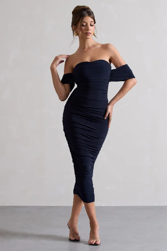 ladies-midi-dress-work-to-wisp-Lost For Words | Navy Bardot Ruched Draped Midi Dress