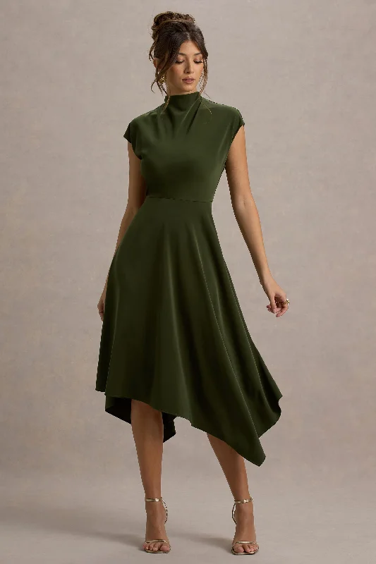 ladies-midi-dress-elegant-essence-Velma | Olive Satin Midi Dress With Draped Hem