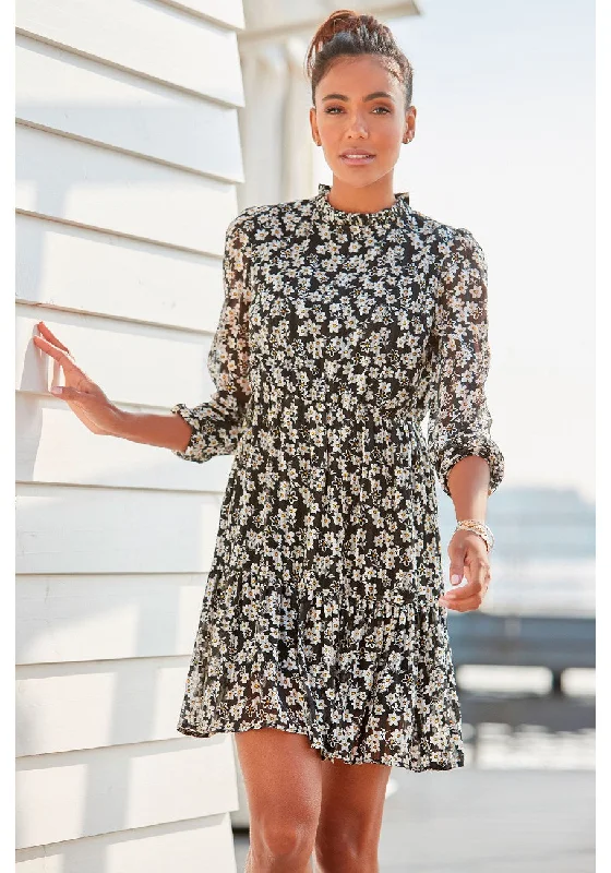 ladies-floral-dress-sale-sunflower-LASCANA Women's Long Sleeve Floral Pattern Dress