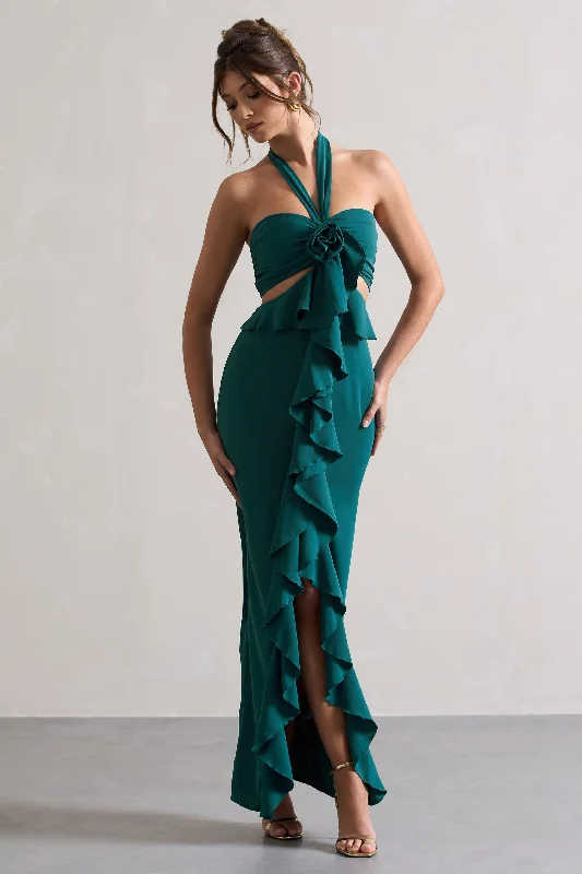 ladies-maxi-dress-belted-bliss-Powerful | Petrol Blue Cut-Out Halter-Neck Maxi Dress With Flower & Ruffles