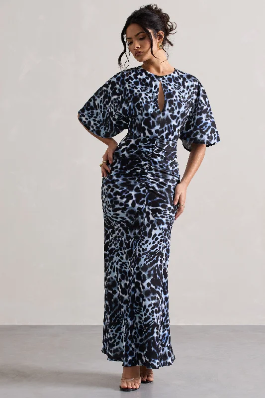 ladies-maxi-dress-vermilion-vision-Elidy | Animal Print Ruched Flutter-Sleeve Cut-Out Maxi Dress