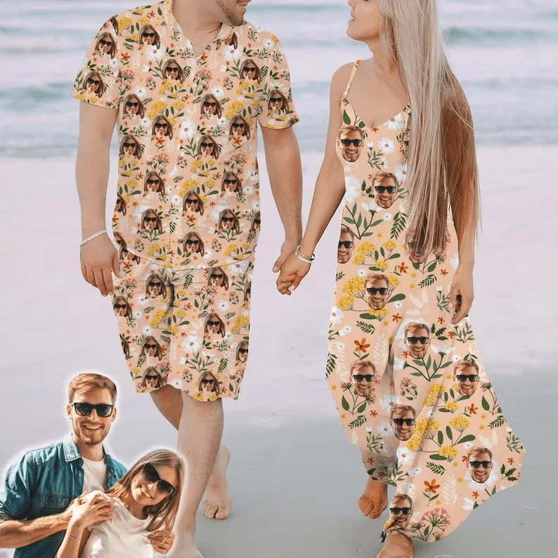 Women's shirt dress haze chic -Couple Hawaiian Dress Set Cruise Outfit Custom Face Orange Hawaiian Shirt Set&Dress