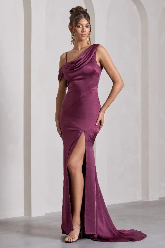 ladies-maxi-dress-slit-sway-Jayne | Plum Satin Asymmetric Draped Split Maxi Dress