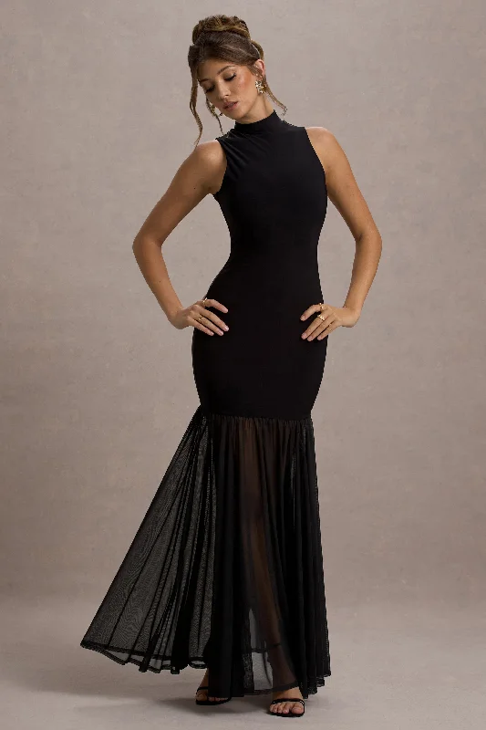 ladies-maxi-dress-summer-drift-Shae | Black High-Neck Maxi Dress With Sheer Skirt