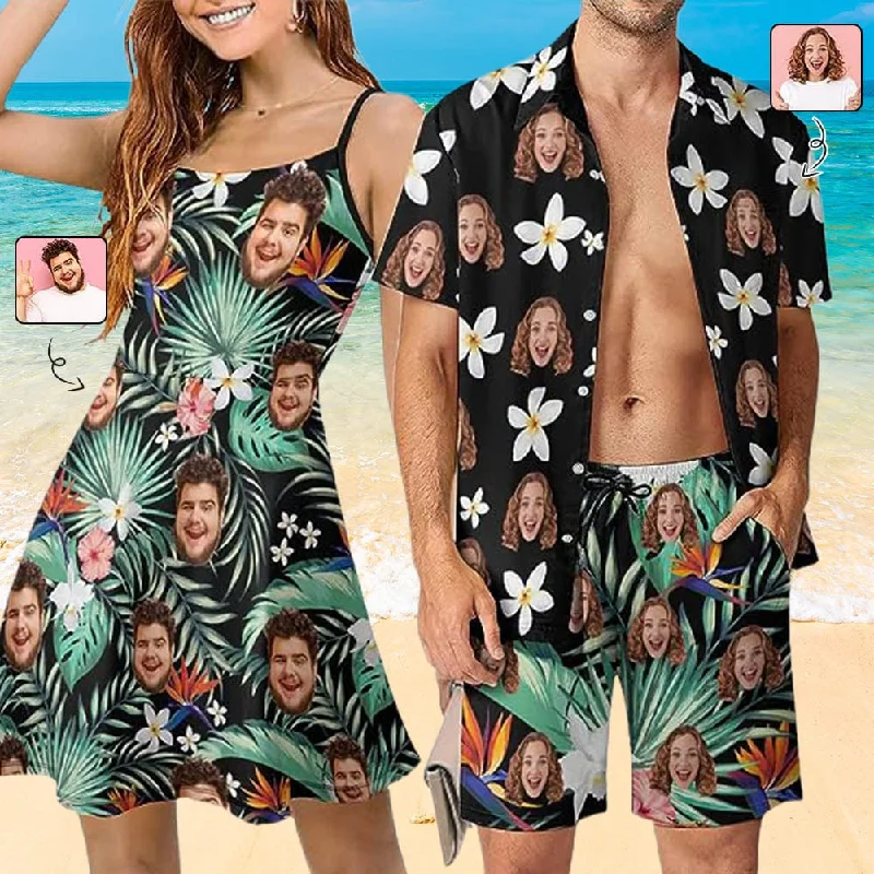 Women's shirt dress lush pop -Couple Hawaiian Dress Set Cruise Outfit Custom Face Green Tropical Leaves Hawaiian Shirt Set&Dress