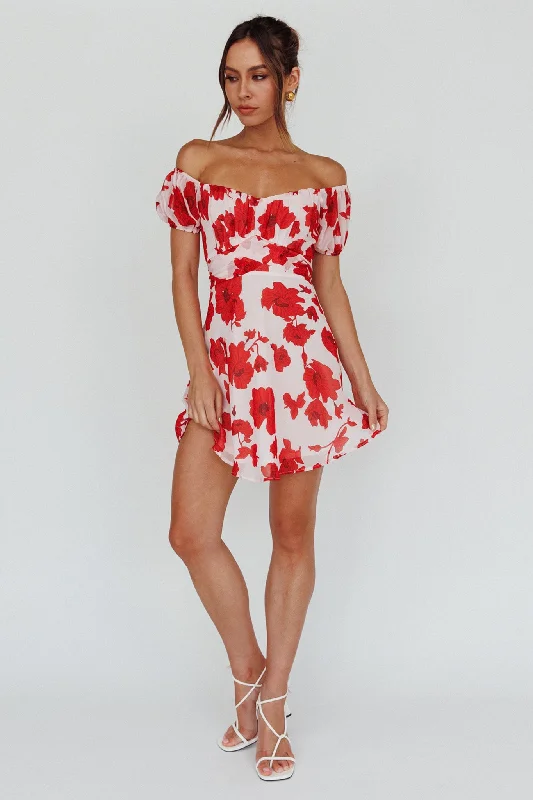 ladies-floral-dress-autumn-azalea-Linka Puff Sleeve Waist Tie Dress Floral Red