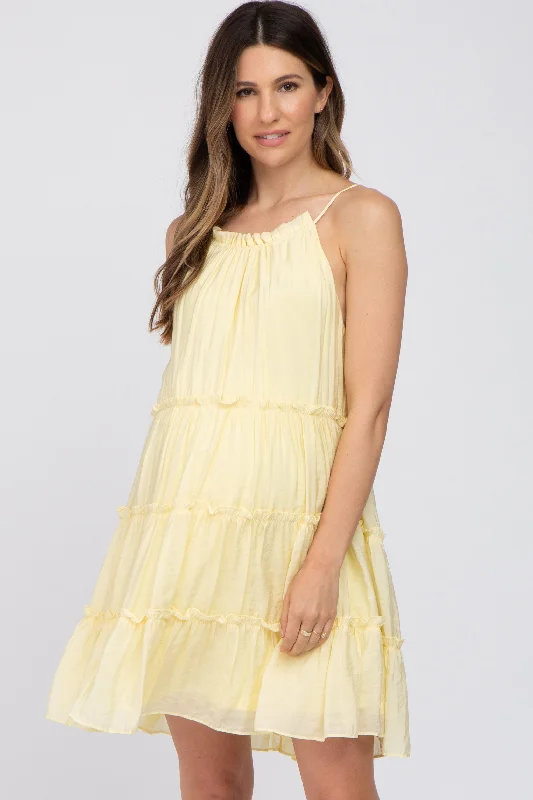 Women's mini dress cool chic -Yellow Tiered Ruffle Accent Maternity Mini Dress