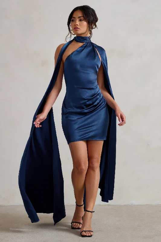 Women's mini dress wave glow -Laurelie | Navy Satin Statement Cape Design Mini Dress