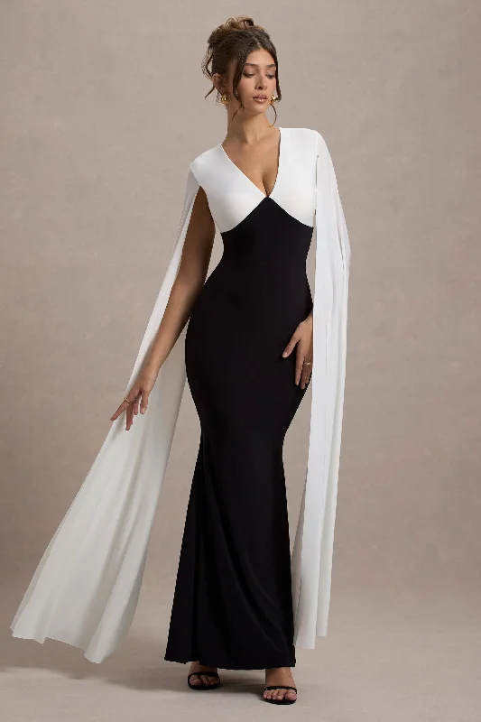 ladies-maxi-dress-plum-poetry-Grace Kelly | Black & White Plunge-Neck Maxi Dress With Cape Sleeves