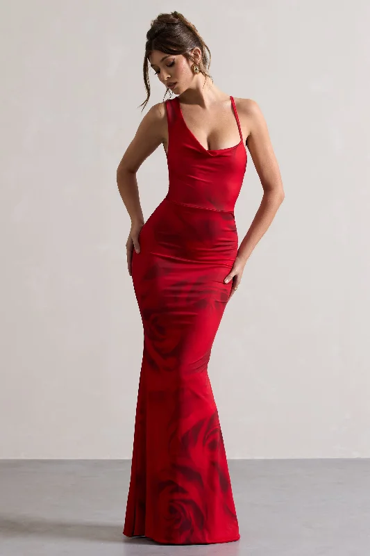 ladies-maxi-dress-work-to-wisp-Phantasy | Red Rose Print Asymmetric Neckline Cowl Maxi Dress