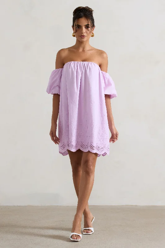 Women's mini dress hot glow -Wendy | Lilac Poplin Bardot Scallop Trim Smock Mini Dress