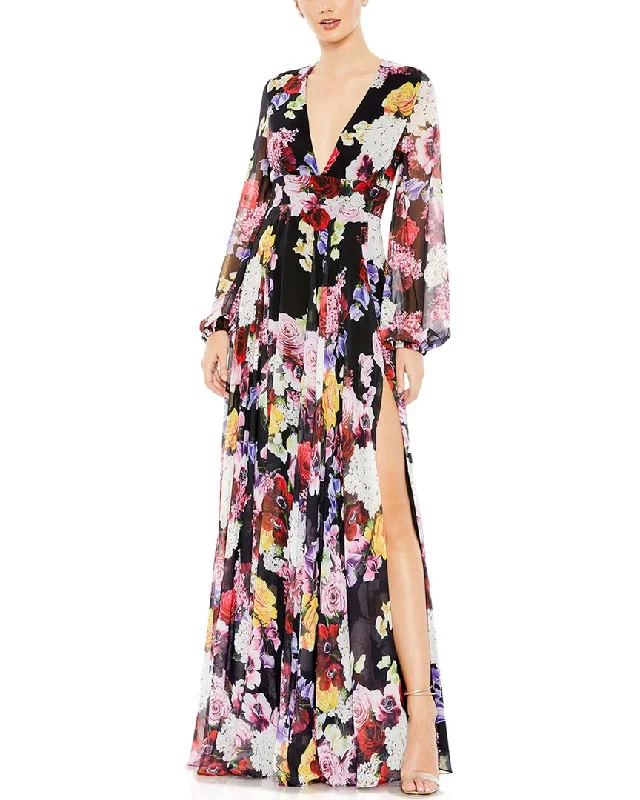 ladies-floral-dress-limited-lily-Mac Duggal Floral Print Illusion V Neck Gown