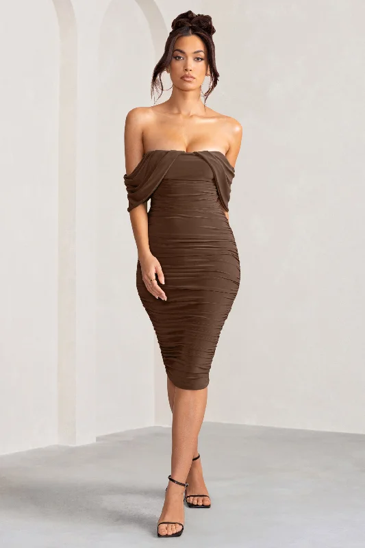 ladies-midi-dress-silver-sweep-Love Me | Chocolate Off The Shoulders Ruched Midi Dress