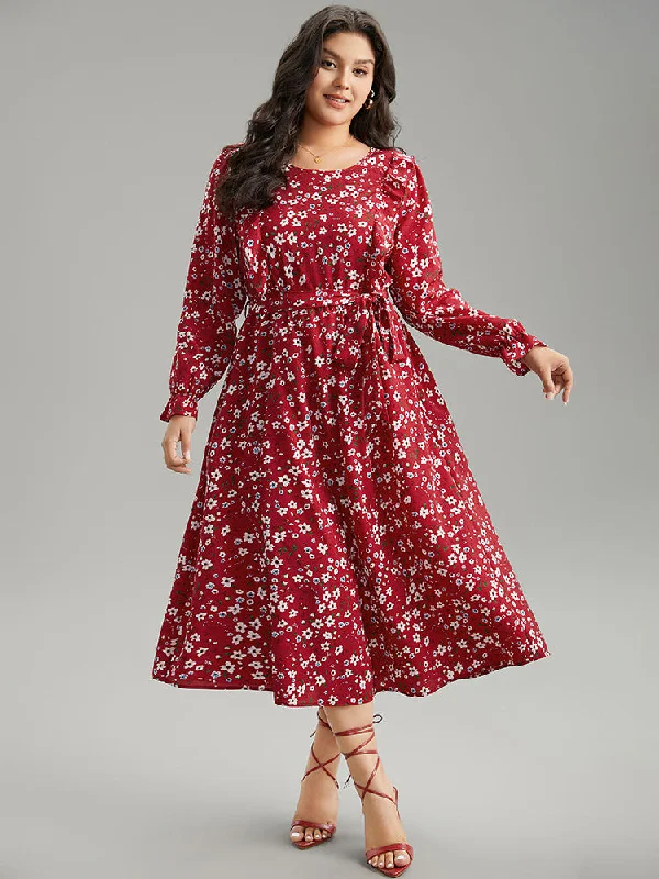 ladies-floral-dress-shift-sunflower-Ditsy Floral Belted Ruffle Sleeve Dress