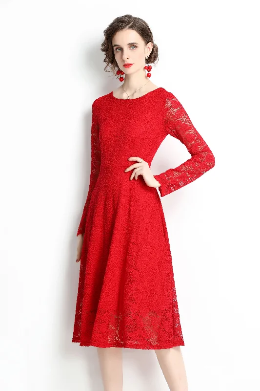 ladies-midi-dress-maroon-muse-Red Evening Lace A-line Boatneck Long Sleeve Midi Classic Dress