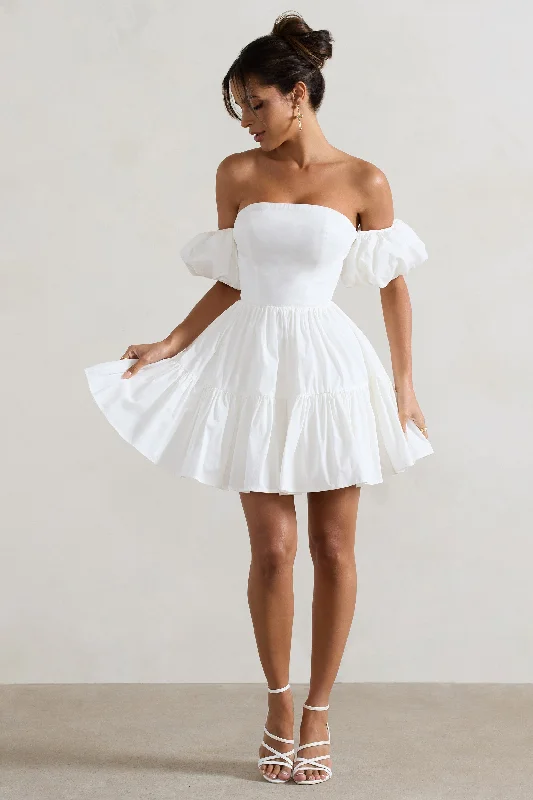 Women's mini dress hot glow -Lani | White Poplin Bardot Tiered Mini Dress With Puff Sleeves