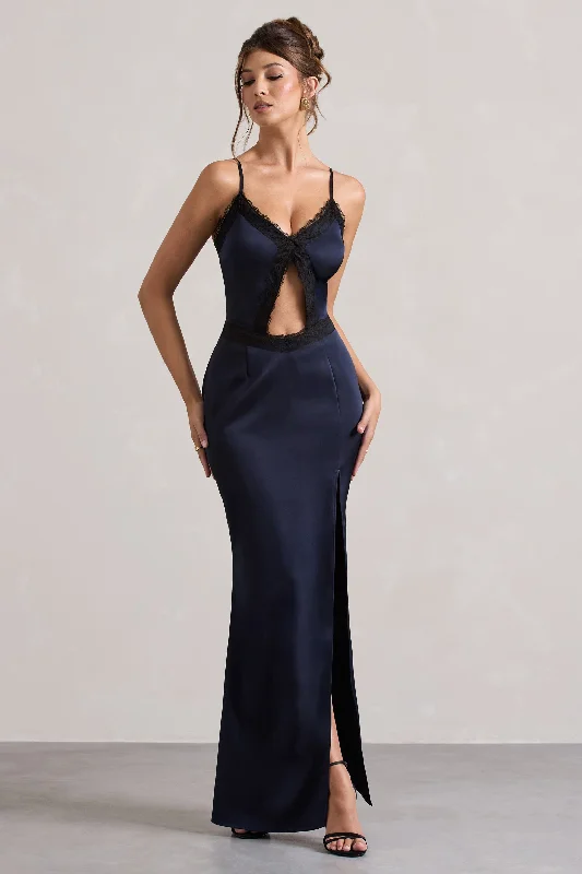 ladies-maxi-dress-red-rapture-Brescia | Navy Satin Cut-Out Maxi Dress With Lace Trim