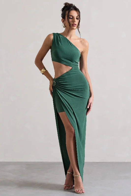 ladies-maxi-dress-sequin-shimmer-Costa Rica | Forest Green Asymmetric Cut-Out Split Maxi Dress