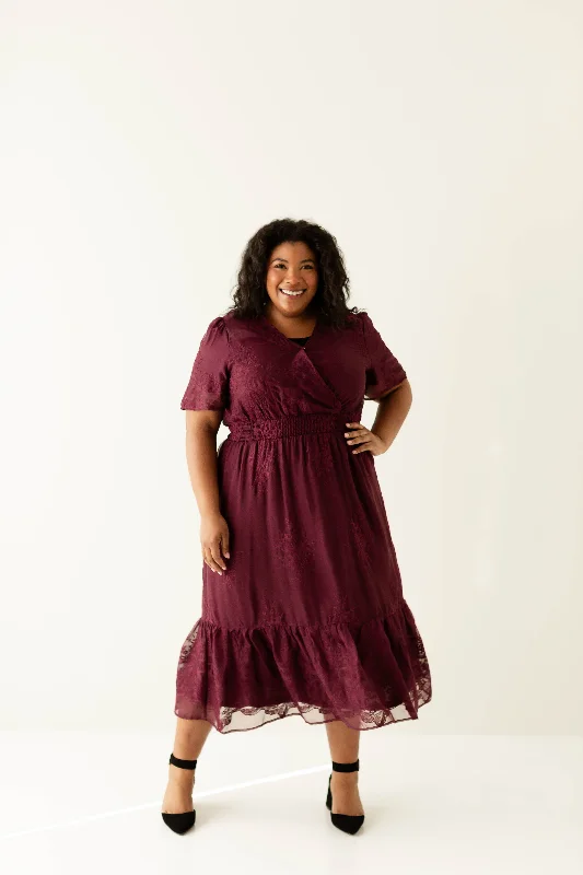 ladies-midi-dress-curvy-calm-Plus 'Daphne' Embroidered Chiffon Midi Dress in Plum