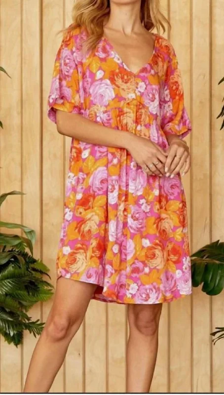 ladies-floral-dress-girls-garden-Floral Babydoll Dress In Pink, Orange And Purple